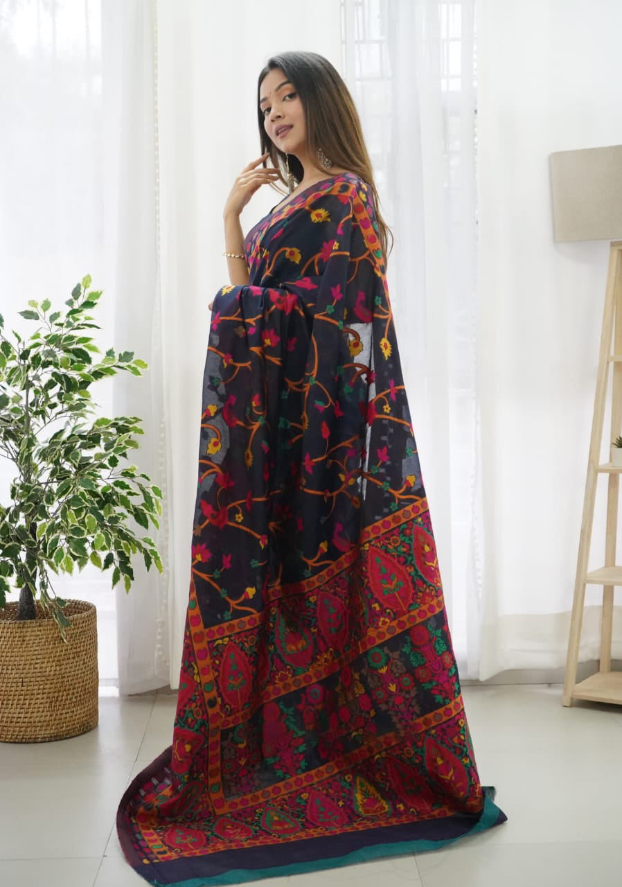 Bucolic Navy Blue Pashmina saree With Snappy Blouse Piece