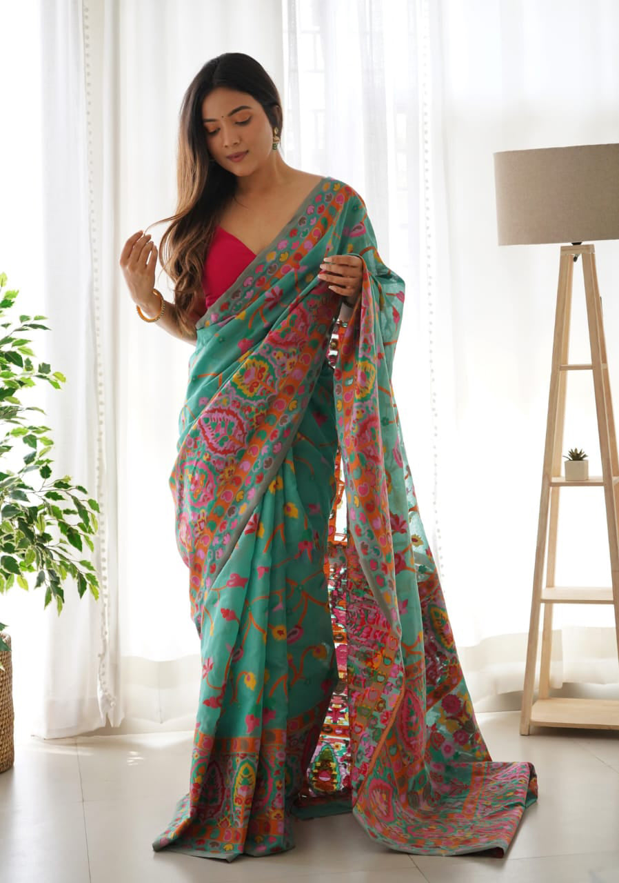 Enigmatic Rama Pashmina Saree With Unequalled Blouse Piece