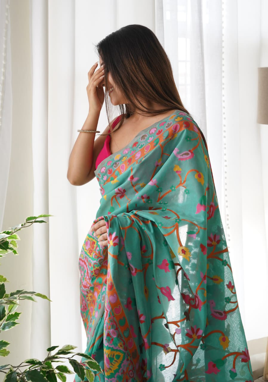 Enigmatic Rama Pashmina Saree With Unequalled Blouse Piece