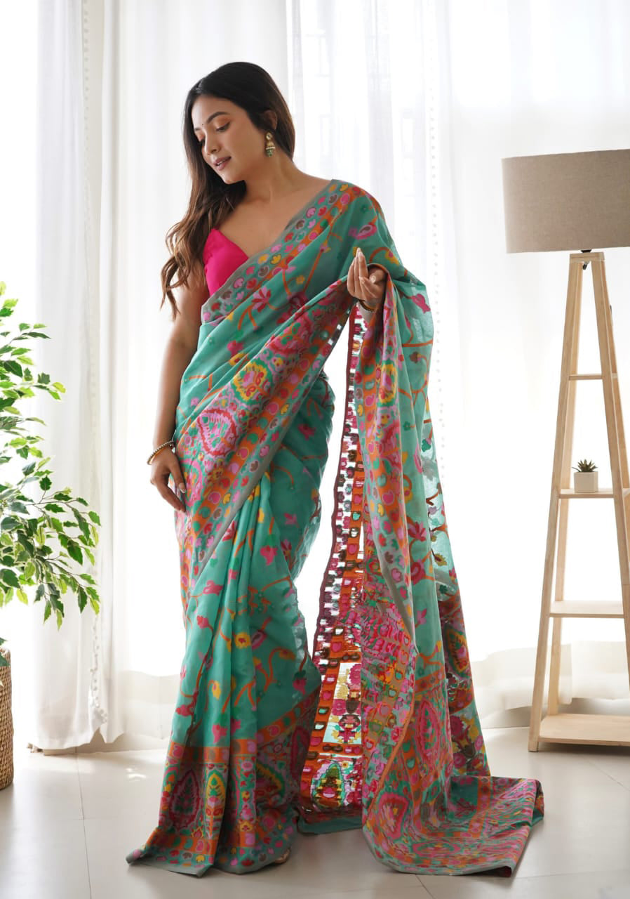 Enigmatic Rama Pashmina Saree With Unequalled Blouse Piece