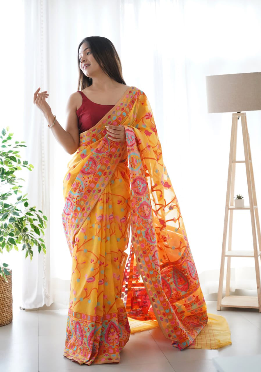 Adorable Yellow Pashmina Saree With Fancifull Blouse Piece