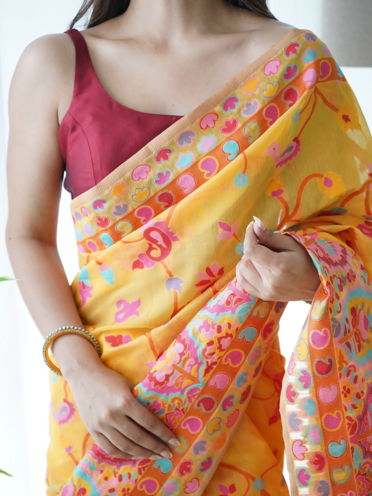 Adorable Yellow Pashmina Saree With Fancifull Blouse Piece