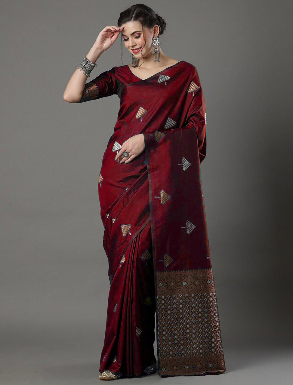 Mellifluous Maroon Soft Silk Saree With Ebullience Blouse Piece