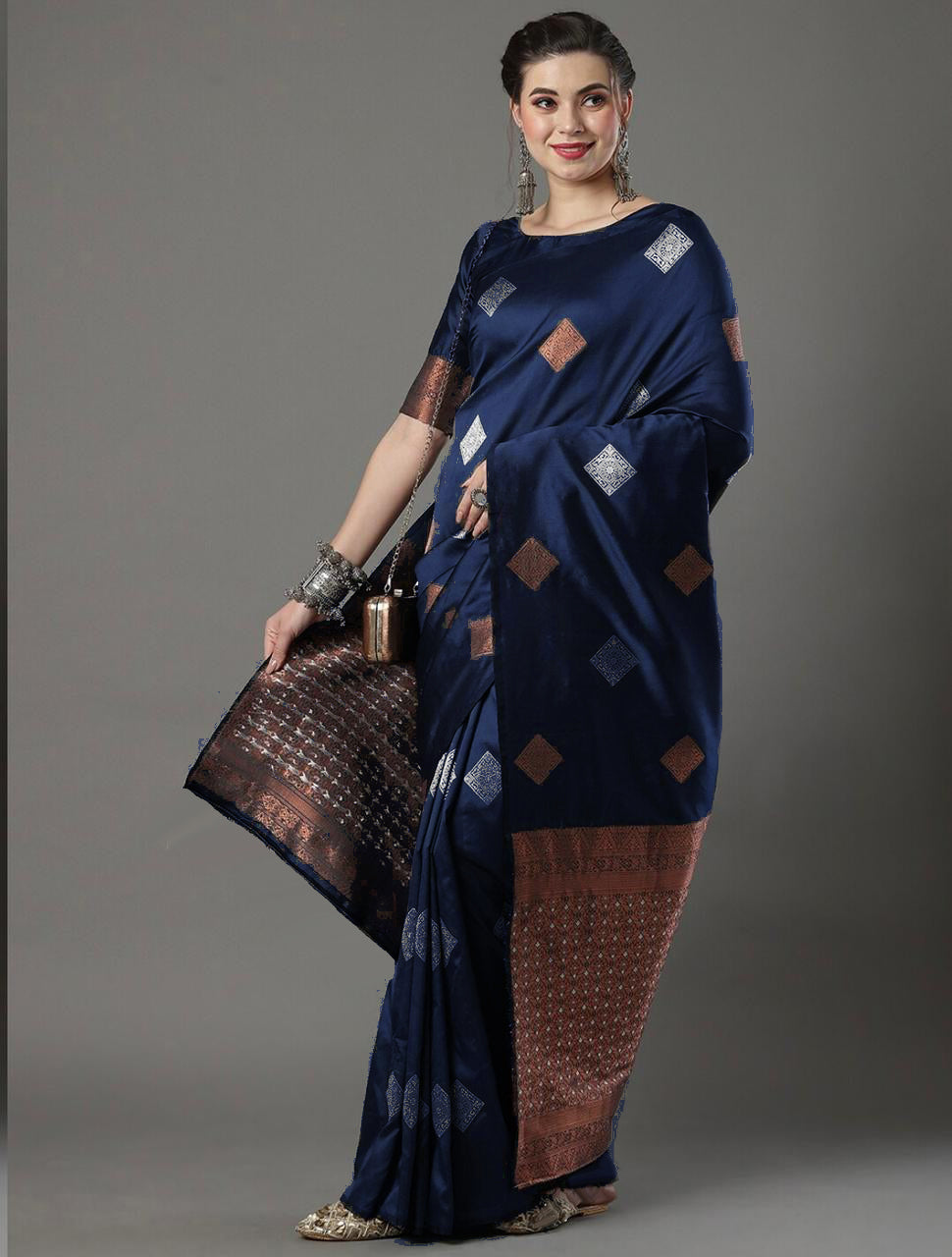 Ravishing Navy Blue Soft Silk Saree With Radiant Blouse Piece