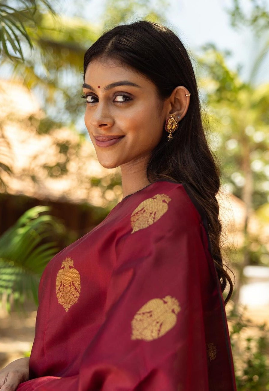 Amiable Maroon Soft Silk Saree With Artistic Blouse Piece