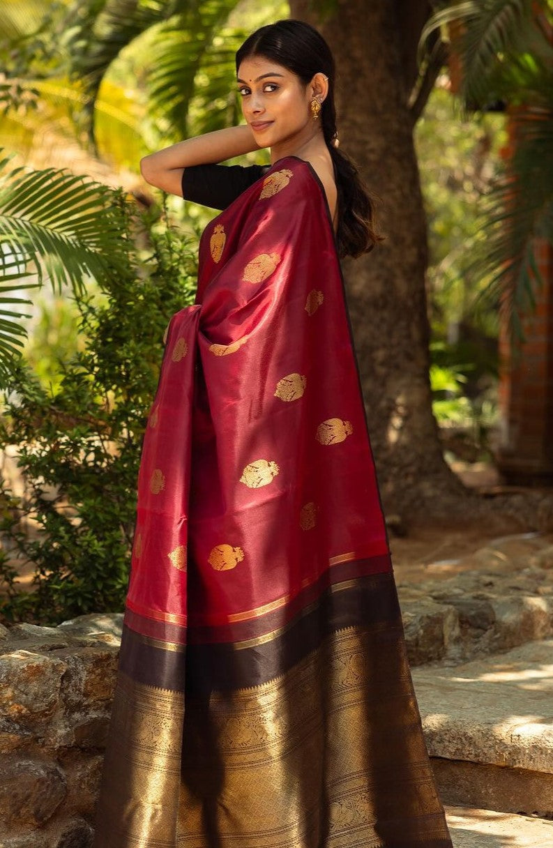 Amiable Maroon Soft Silk Saree With Artistic Blouse Piece