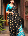 Elaborate Black and Firozi Soft Silk Saree With Piquant Blouse Piece