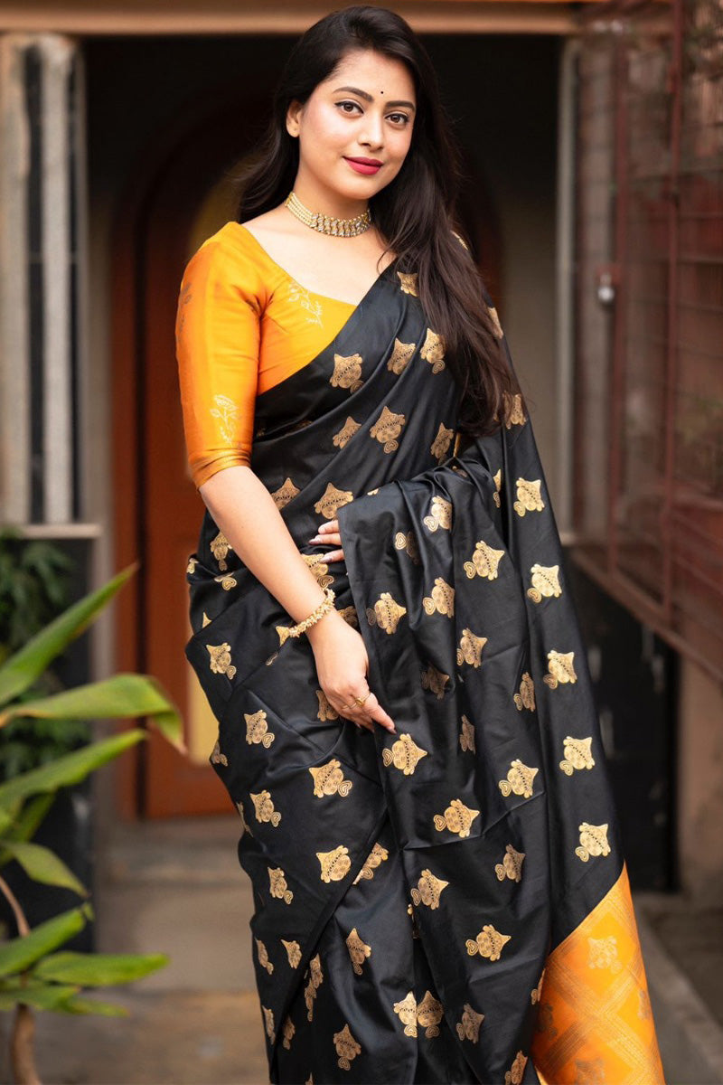 Winsome Black and Mustard Soft Silk Saree With Seraglio Blouse Piece