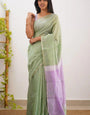 Engrossing Pista Cotton Silk Saree With Allure Blouse Piece