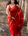 Elision Red Cotton Silk Saree With Imaginative Blouse Piece