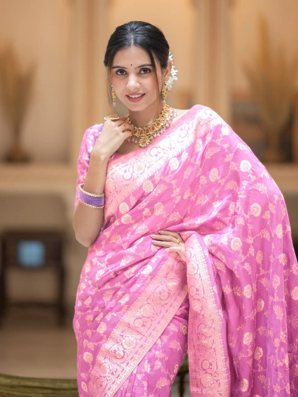 Sizzling Baby Pink Soft Silk Saree With Rhapsody Blouse Piece