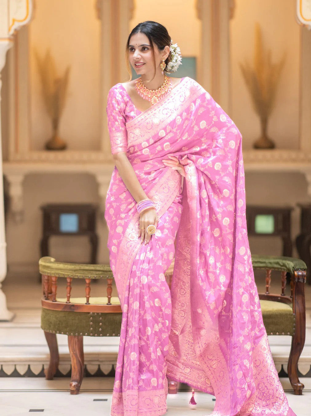 Sizzling Baby Pink Soft Silk Saree With Rhapsody Blouse Piece