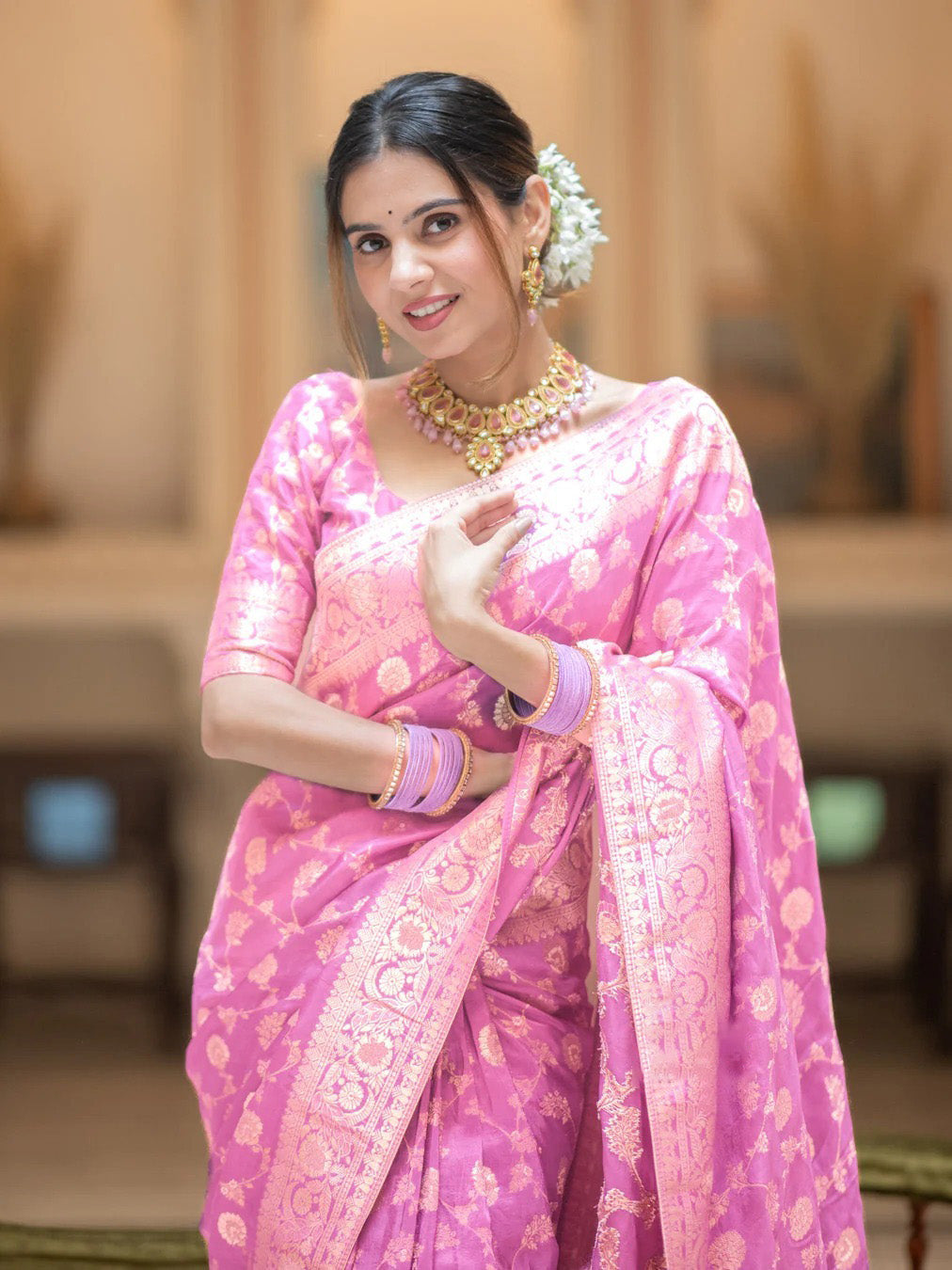 Sizzling Baby Pink Soft Silk Saree With Rhapsody Blouse Piece