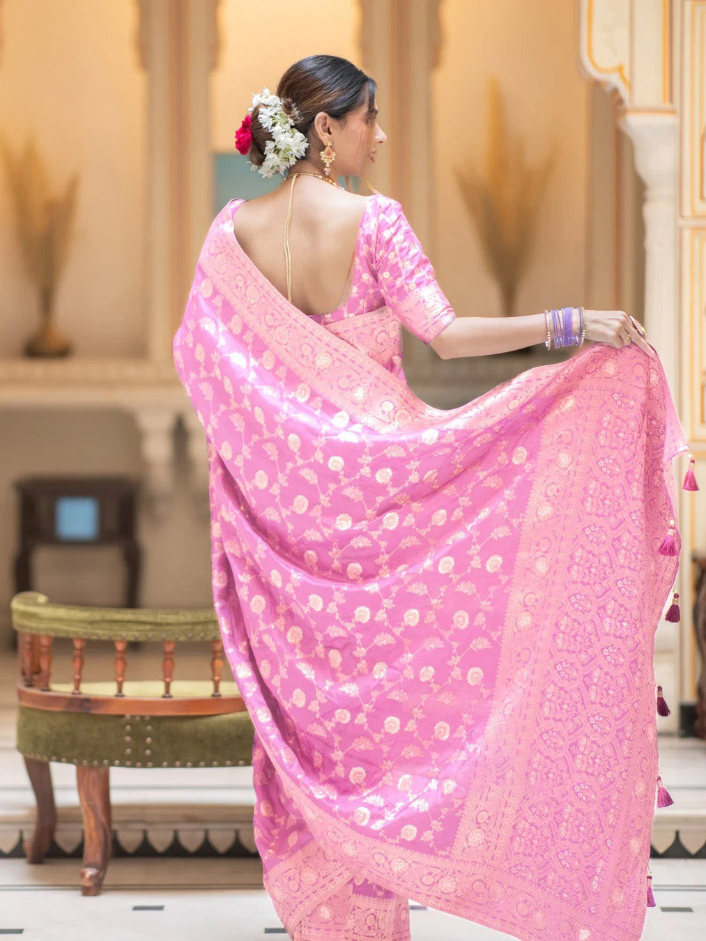 Sizzling Baby Pink Soft Silk Saree With Rhapsody Blouse Piece