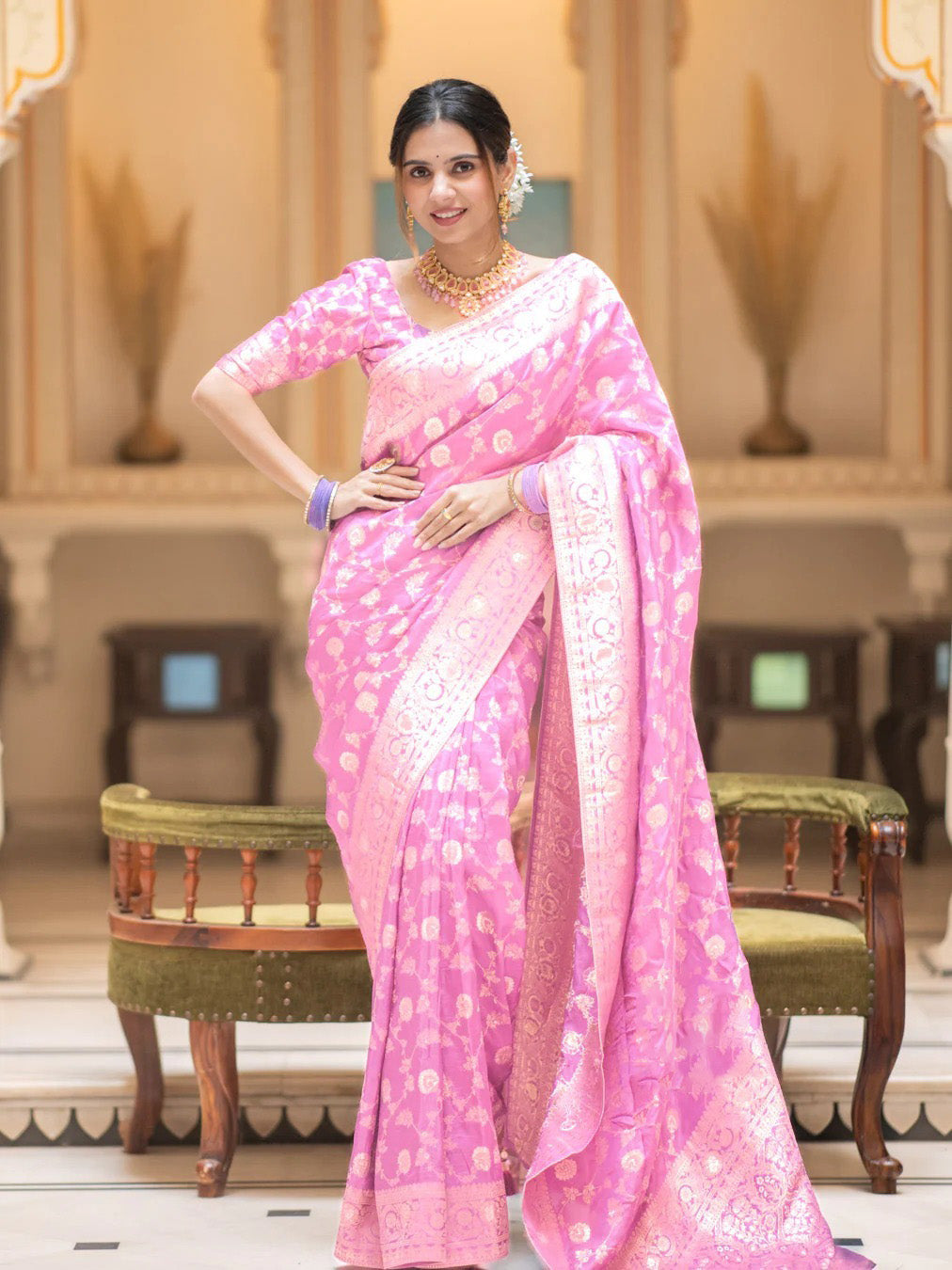 Sizzling Baby Pink Soft Silk Saree With Rhapsody Blouse Piece