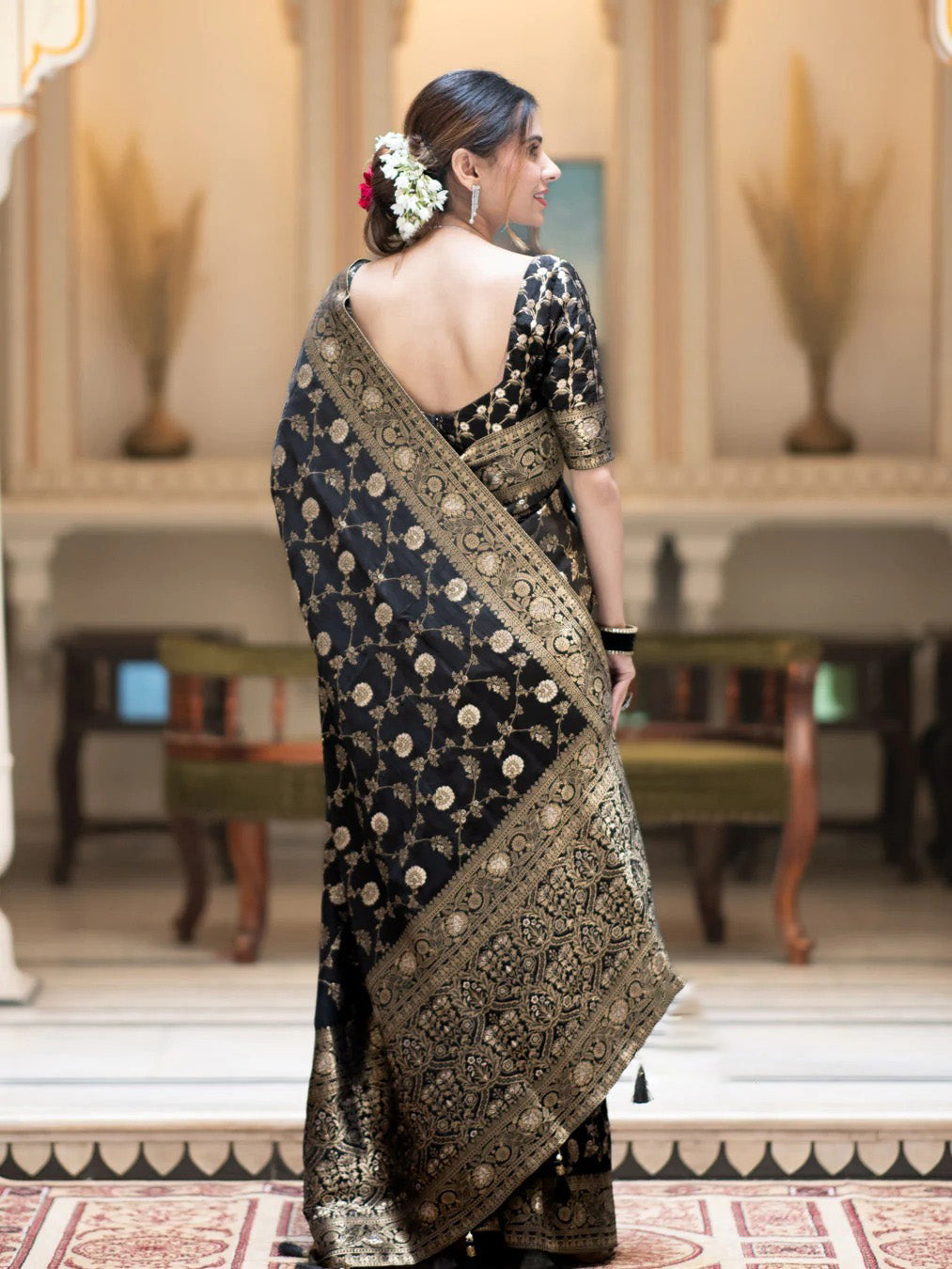 Sumptuous Black Soft Silk Saree With Hypnotic Blouse Piece