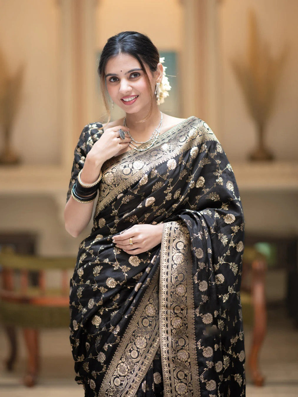 Sumptuous Black Soft Silk Saree With Hypnotic Blouse Piece