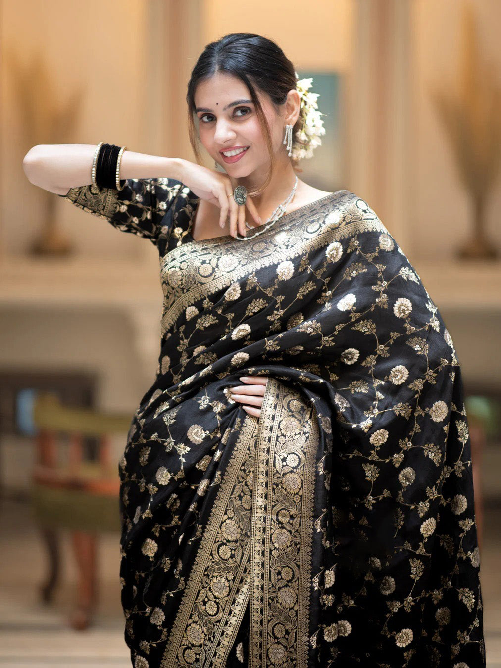 Sumptuous Black Soft Silk Saree With Hypnotic Blouse Piece