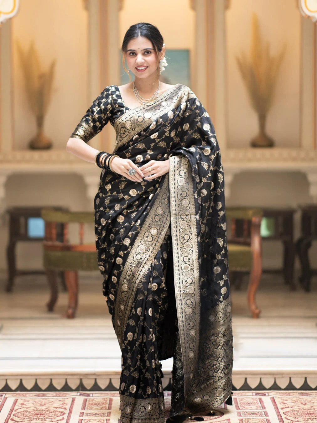 Sumptuous Black Soft Silk Saree With Hypnotic Blouse Piece