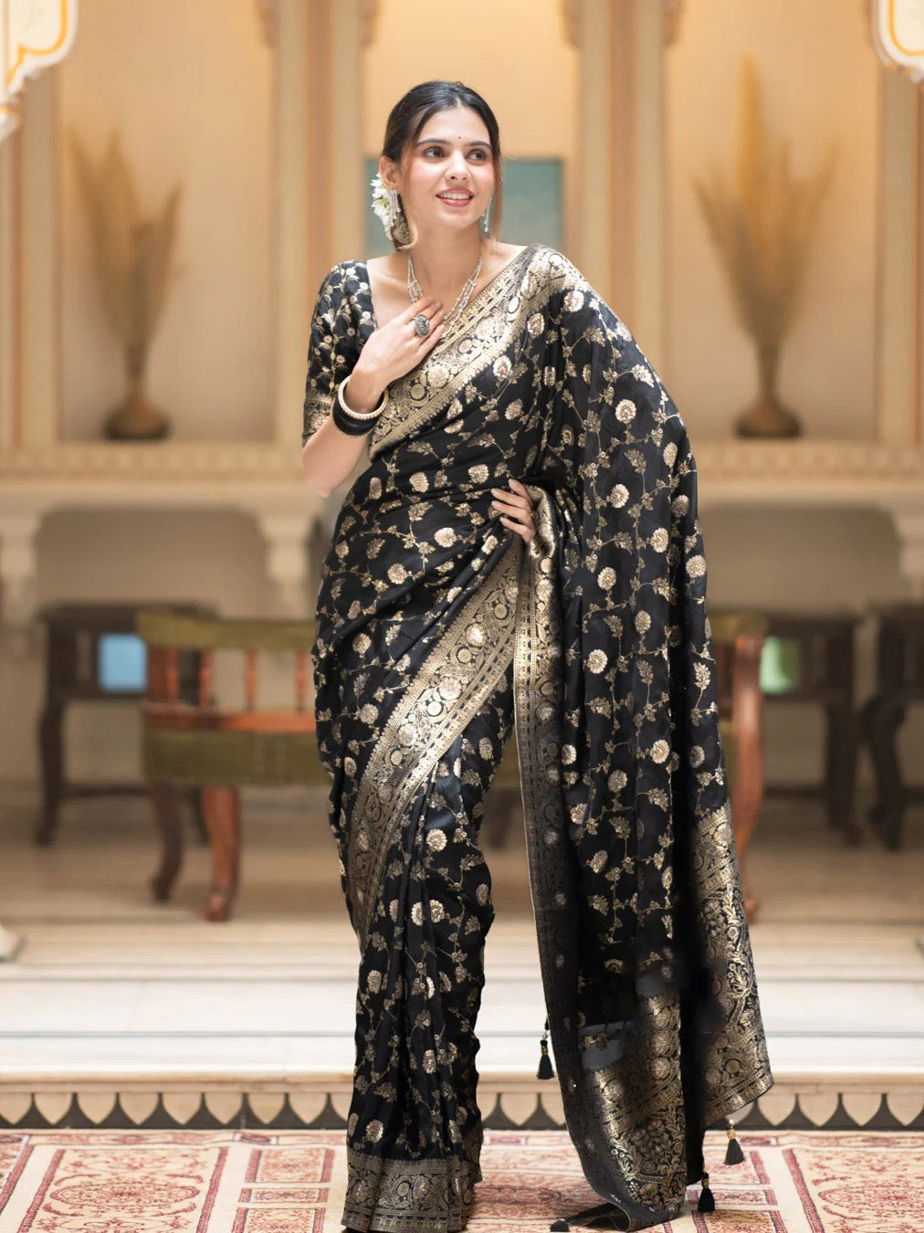 Sumptuous Black Soft Silk Saree With Hypnotic Blouse Piece