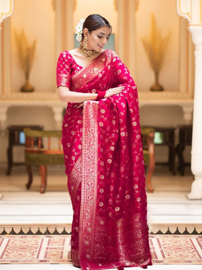 Dazzling Dark Pink Soft Silk Saree With Winsome Blouse Piece