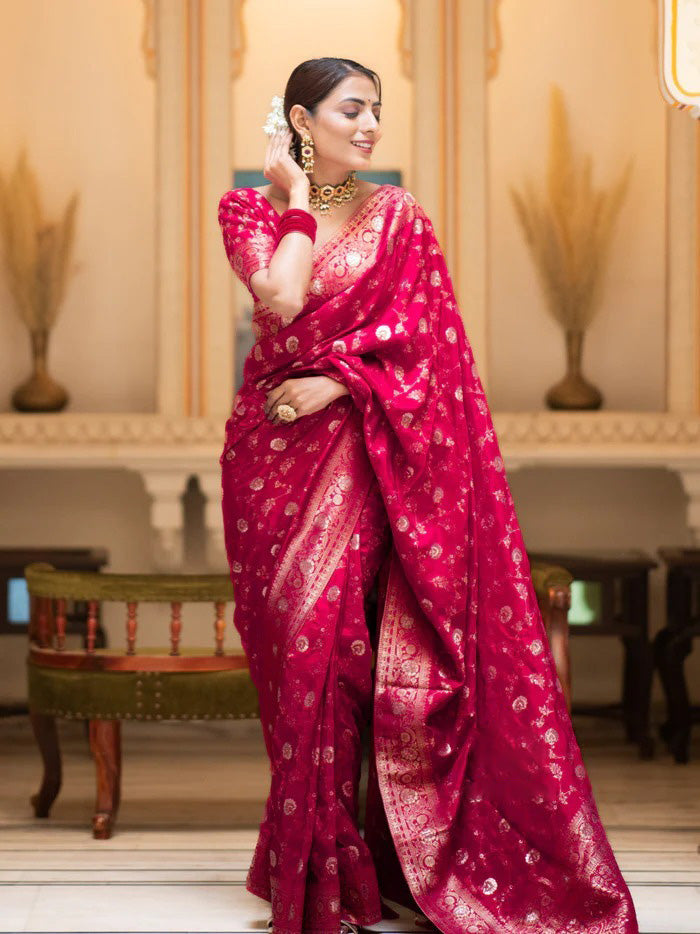 Dazzling Dark Pink Soft Silk Saree With Winsome Blouse Piece