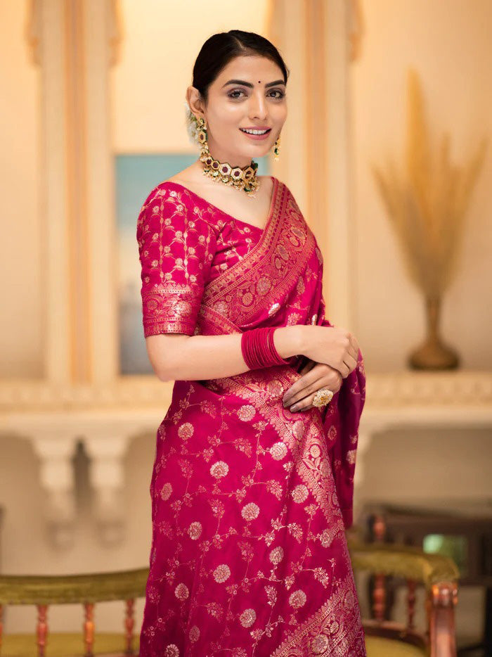 Dazzling Dark Pink Soft Silk Saree With Winsome Blouse Piece