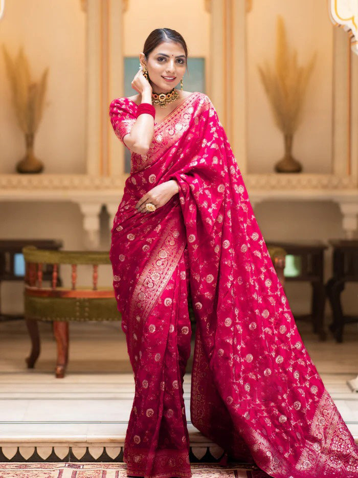 Dazzling Dark Pink Soft Silk Saree With Winsome Blouse Piece