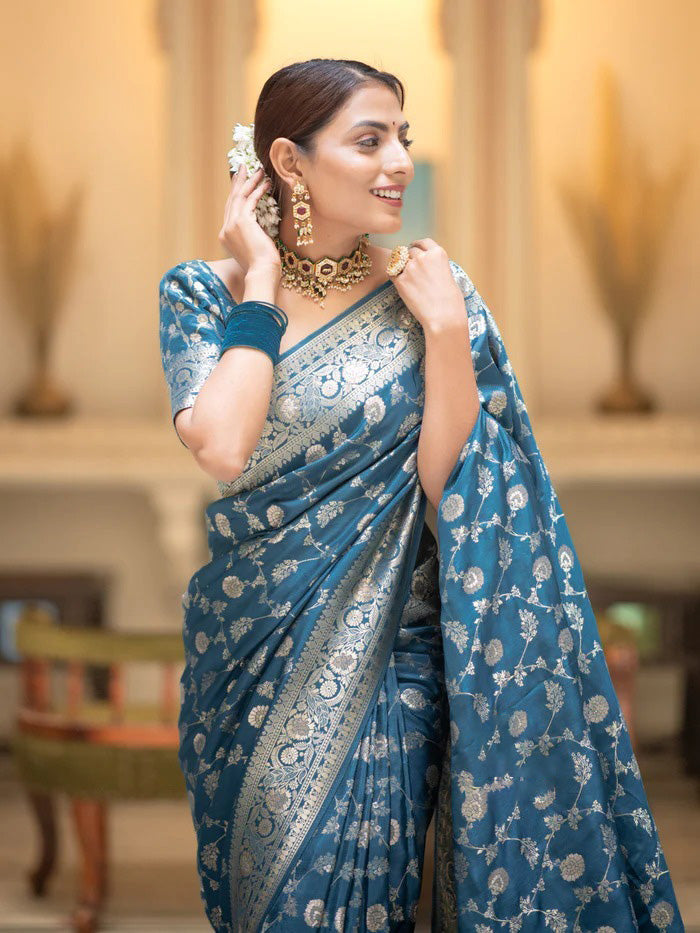 Girlish Firozi Soft Silk Saree With Stunning Blouse Piece