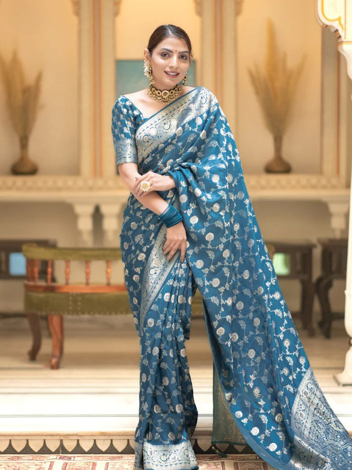 Girlish Firozi Soft Silk Saree With Stunning Blouse Piece