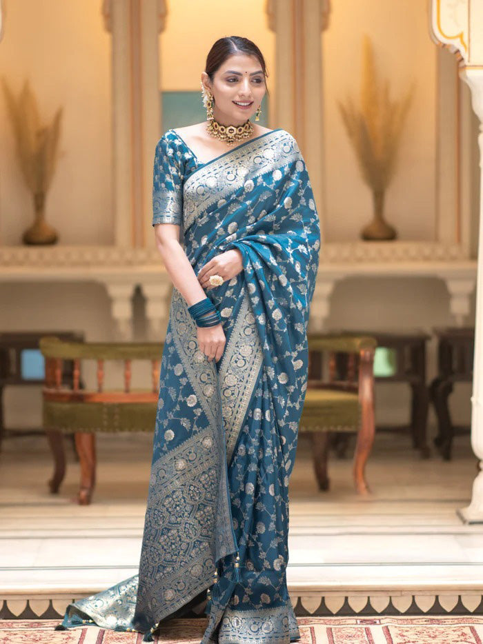 Girlish Firozi Soft Silk Saree With Stunning Blouse Piece