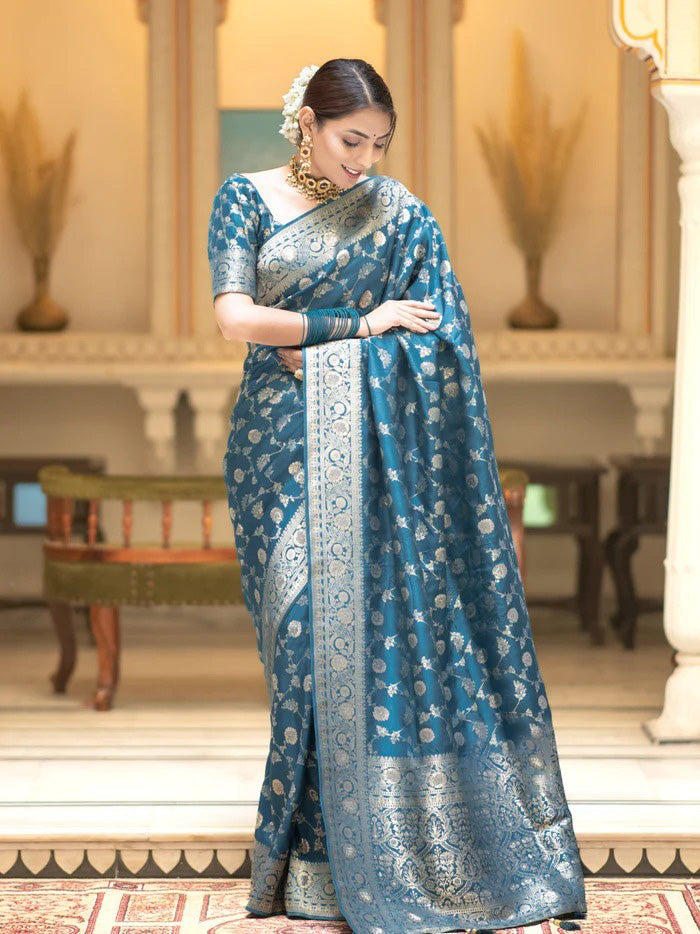 Girlish Firozi Soft Silk Saree With Stunning Blouse Piece