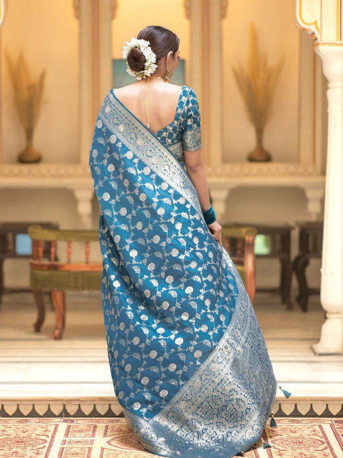 Girlish Firozi Soft Silk Saree With Stunning Blouse Piece