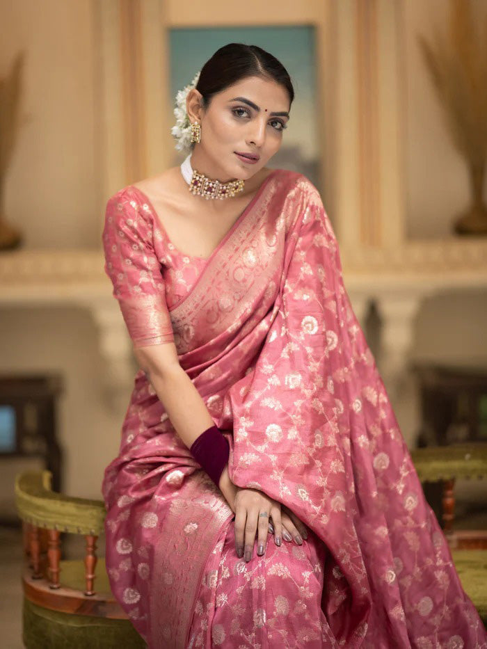 Intricate Pink Soft Silk Saree With Desiring Blouse Piece