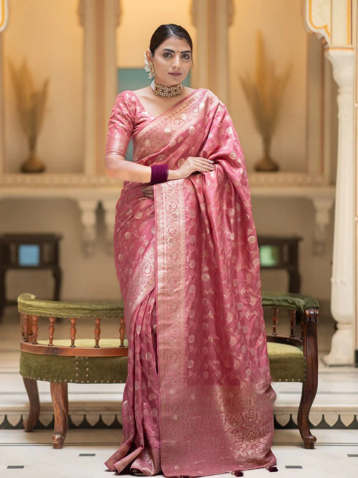 Intricate Pink Soft Silk Saree With Desiring Blouse Piece