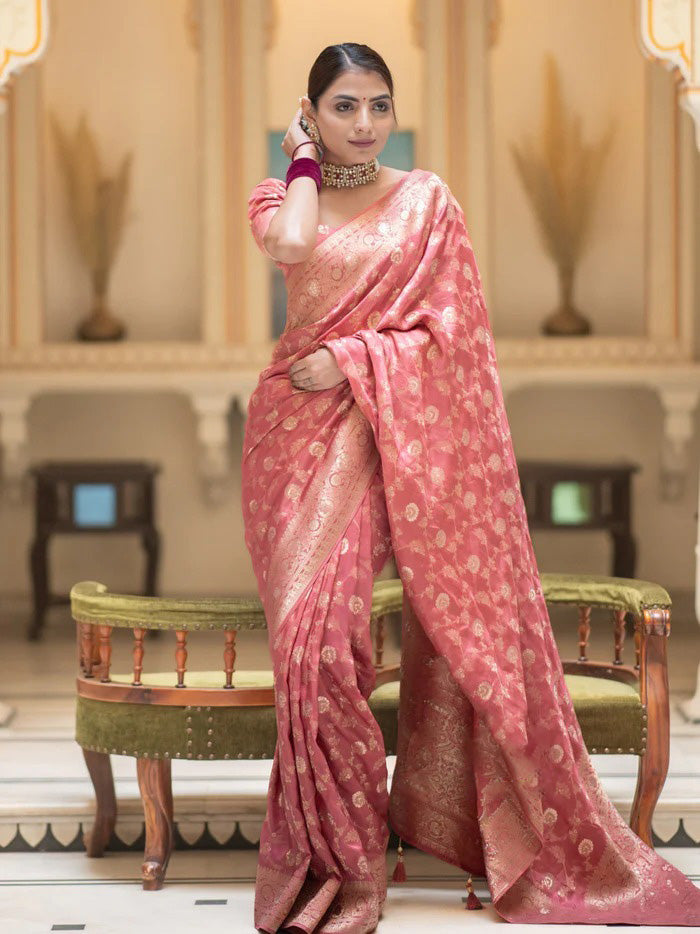 Intricate Pink Soft Silk Saree With Desiring Blouse Piece