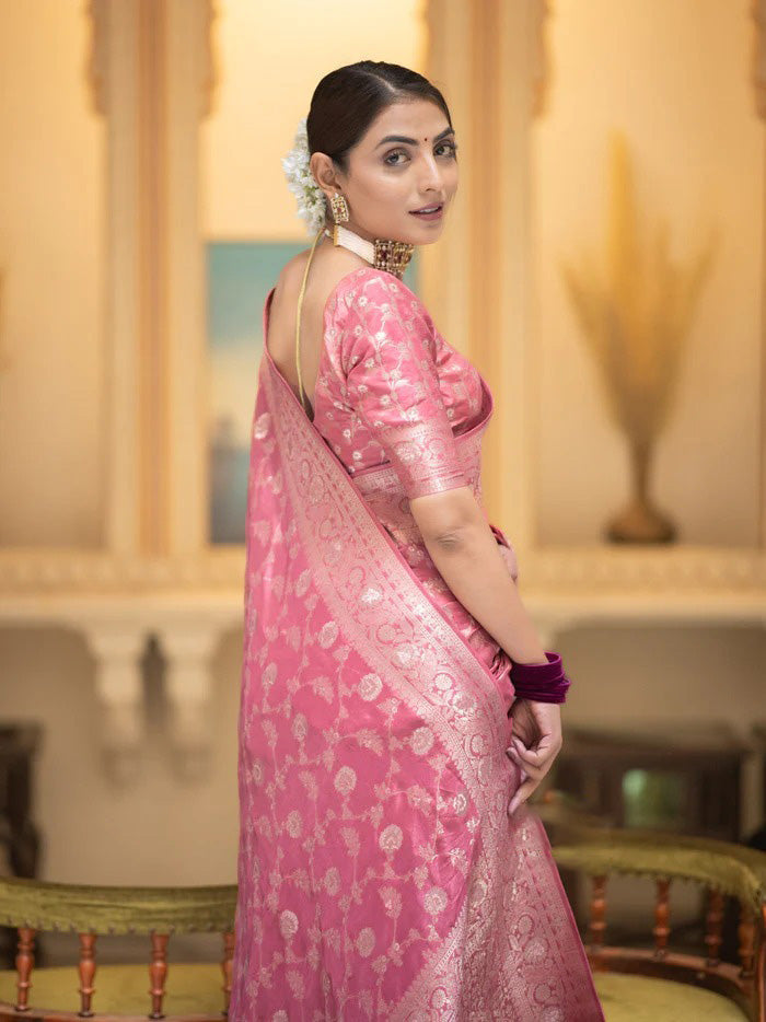 Intricate Pink Soft Silk Saree With Desiring Blouse Piece