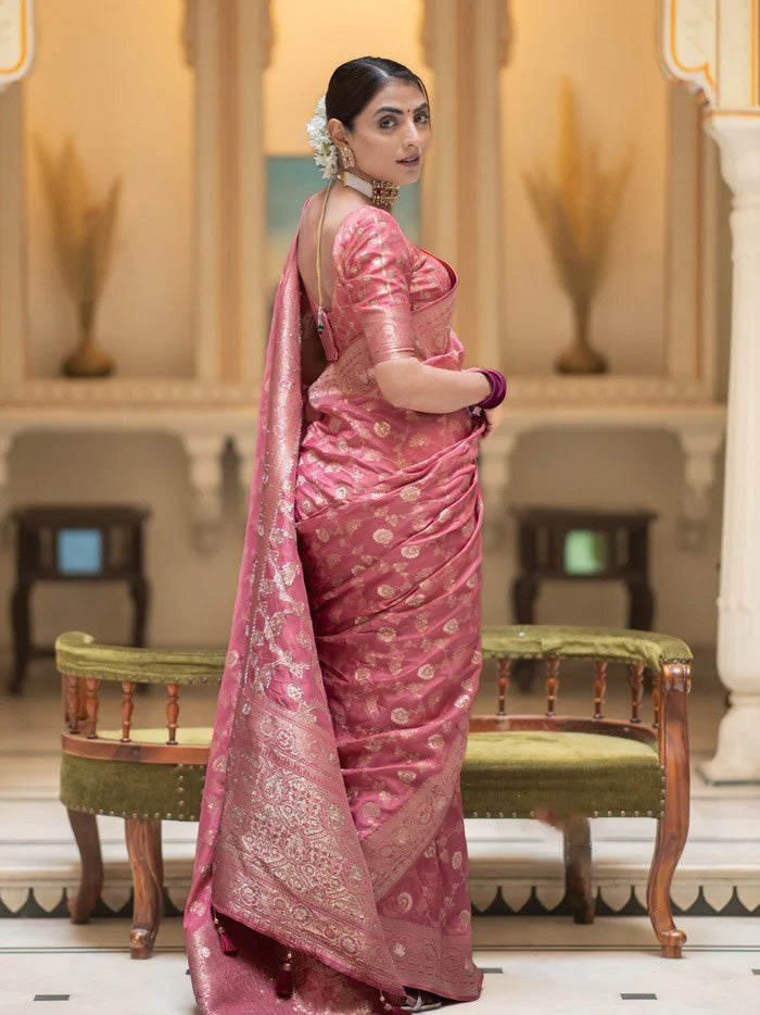 Intricate Pink Soft Silk Saree With Desiring Blouse Piece