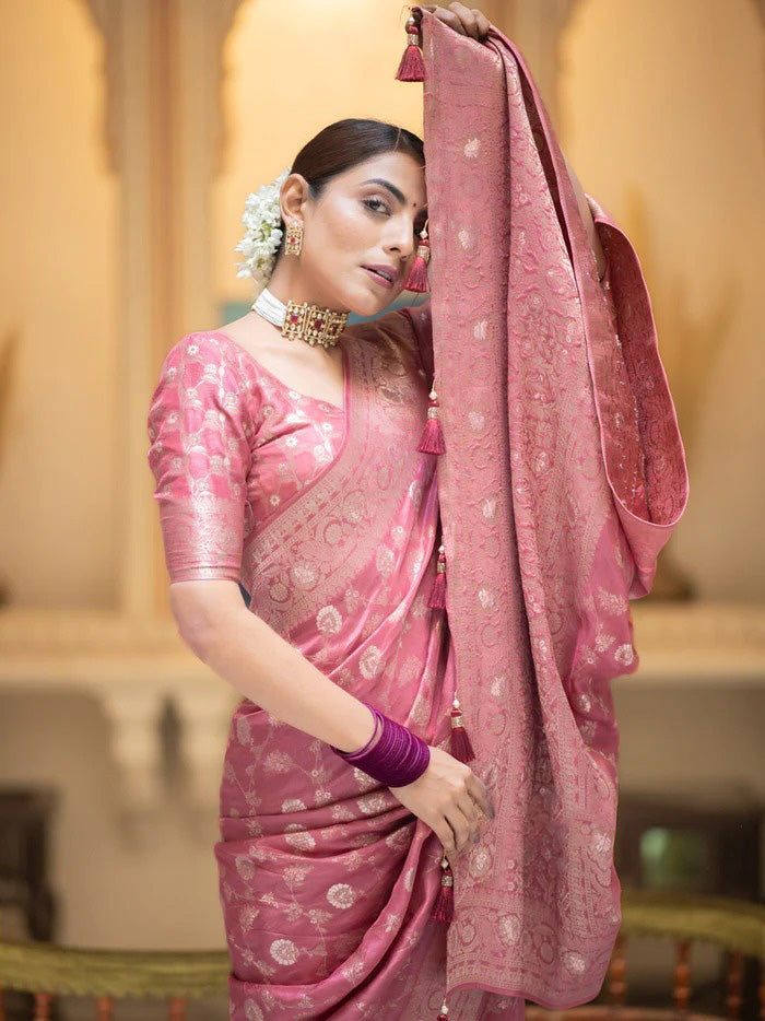 Intricate Pink Soft Silk Saree With Desiring Blouse Piece