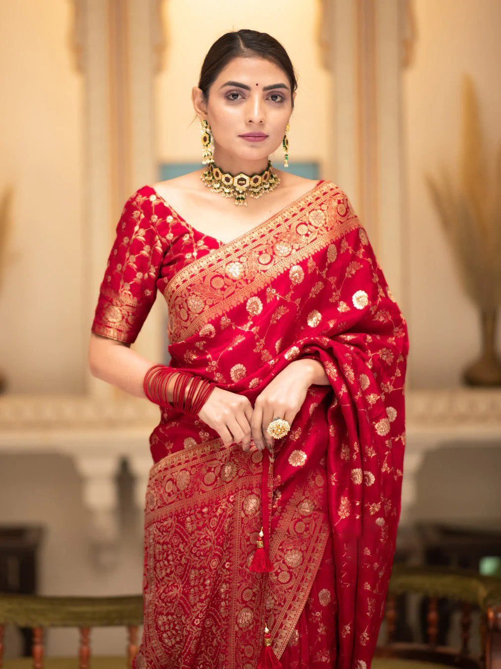 Stylish Red Soft Silk Saree With Diaphanous Blouse Piece