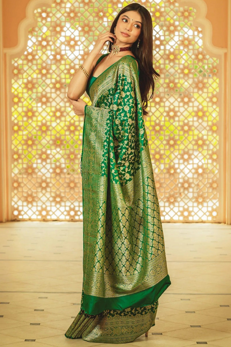 Epiphany Green Soft Silk Saree With Arresting Blouse Piece