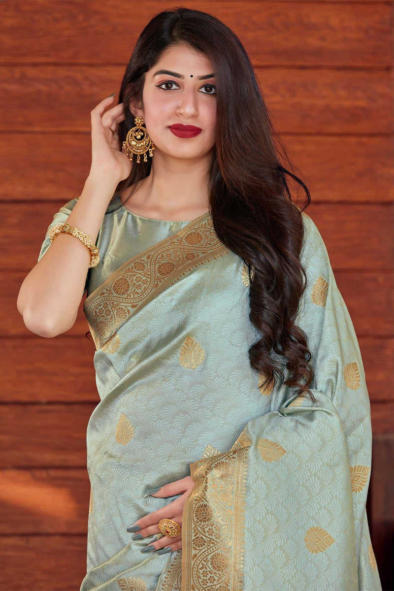 Beauteous Grey Soft Silk Saree With Girlish Blouse Piece