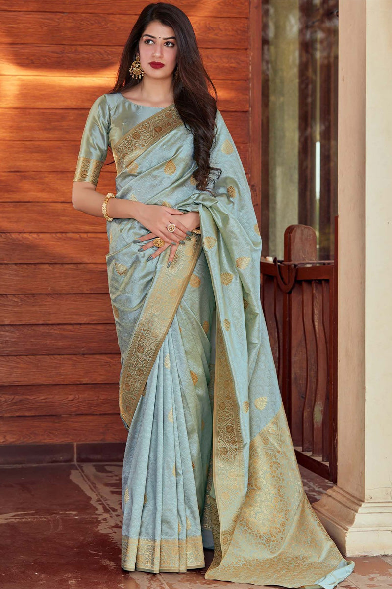 Beauteous Grey Soft Silk Saree With Girlish Blouse Piece