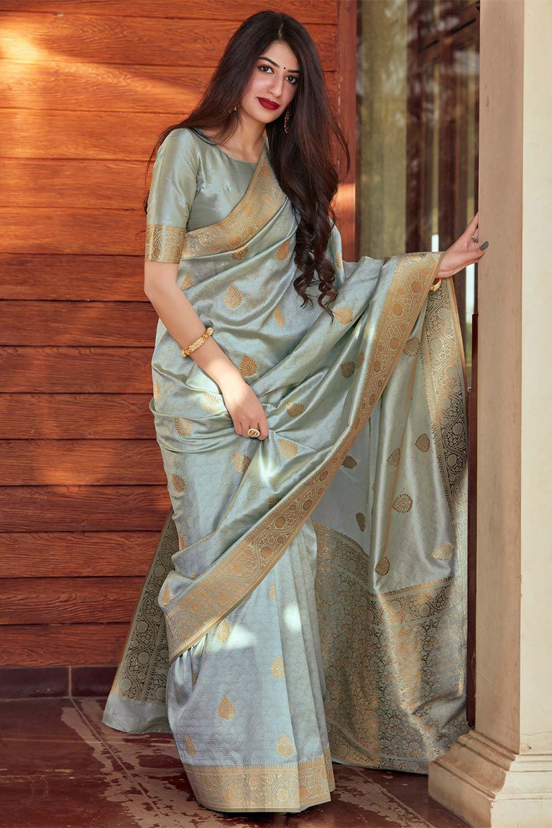 Beauteous Grey Soft Silk Saree With Girlish Blouse Piece