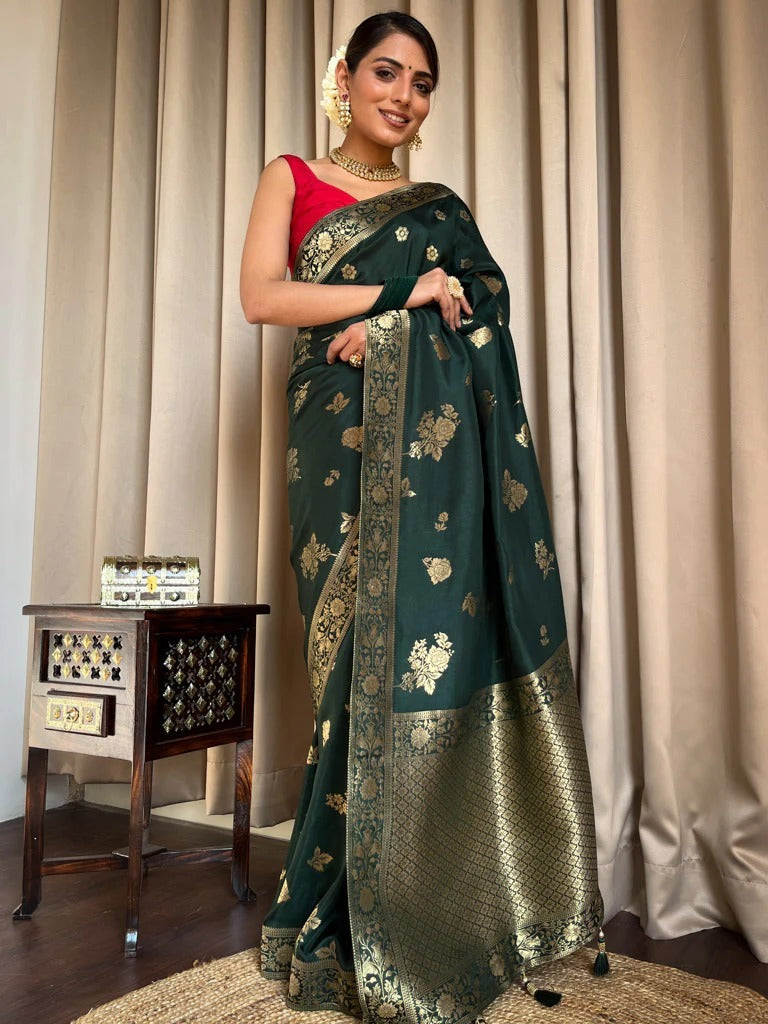 Symmetrical Dark Green Soft Silk Saree With Lustrous Blouse Piece