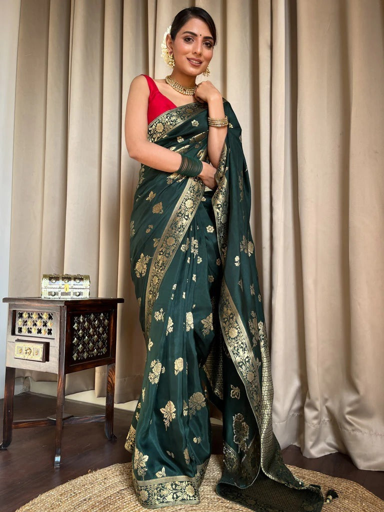 Symmetrical Dark Green Soft Silk Saree With Lustrous Blouse Piece