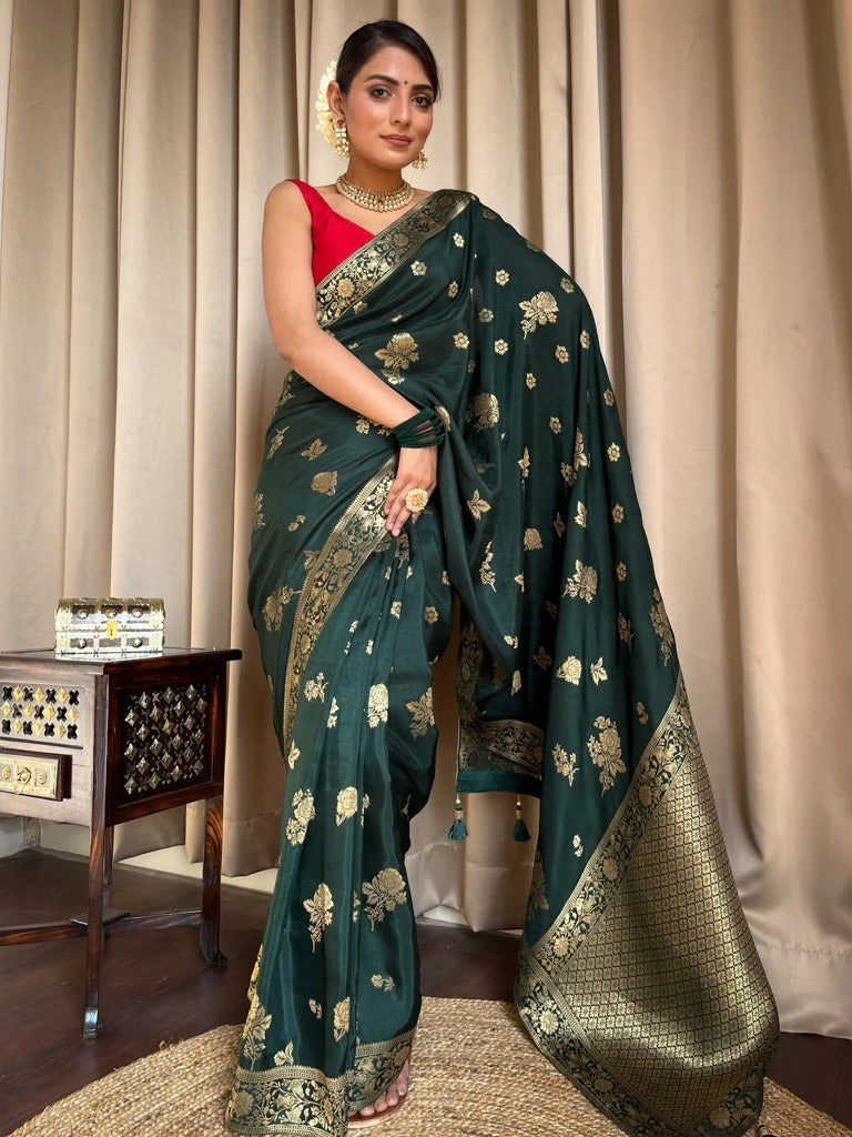 Symmetrical Dark Green Soft Silk Saree With Lustrous Blouse Piece