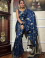 Gorgeous Navy Blue Soft Silk Saree With Elision Blouse Piece