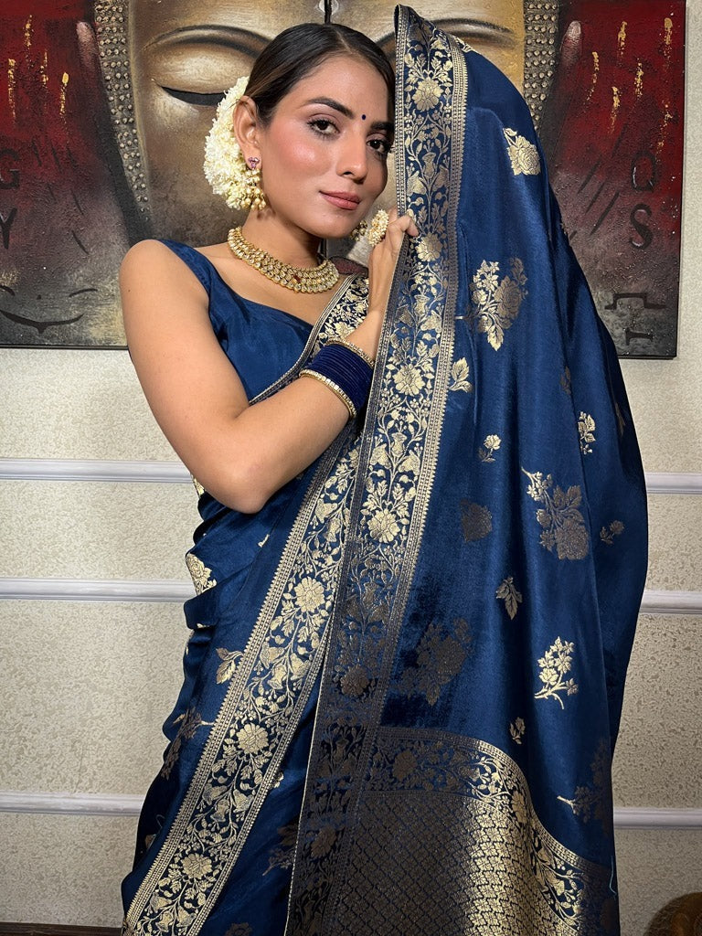 Gorgeous Navy Blue Soft Silk Saree With Elision Blouse Piece