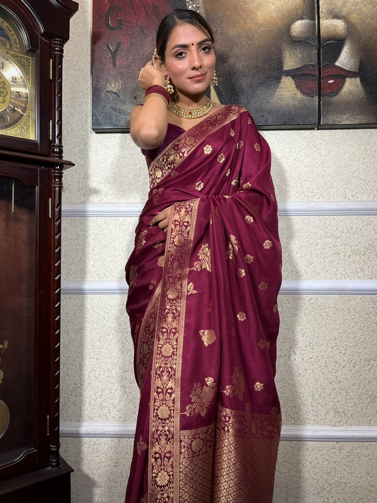 Seraphic Wine Soft Silk Saree With Tempting Blouse Piece